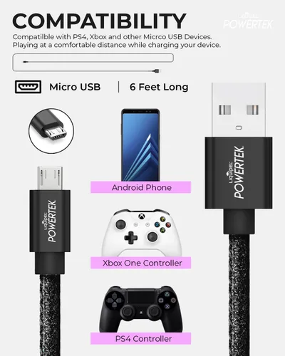 Vista 6 de Liquipel Powertek - Cable de carga micro USB para teléfonos celulares y dispositivos electrónicos, 6 pies (negro)