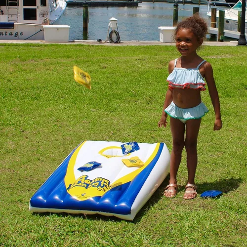 Vista 9 de Drive Way Games - Juego de cornhole flotante. Tabla inflable para lanzar maíz y bolsas de frijoles flotantes para piscina, lago, agua