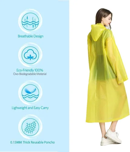 Vista 5 de Rain Ponchos for Adults Reusable, 2 Pack Raincoat for Women Men, Waterproof Rain Coat Gear with Hood Drawstring