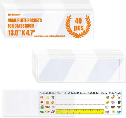 Vista 12 de 36 bolsillos para placa de identificación, 18.9 x 4.7 pulgadas, sin residuos, autoadhesivos, impermeables, fáciles de usar y quitar, a prueba