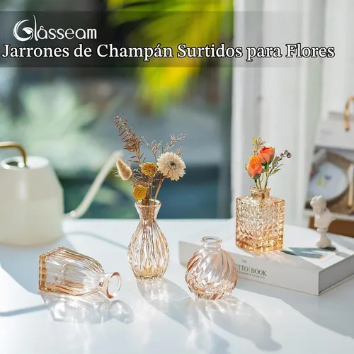 Vista 5 de Glasseam Jarrones de cristal para centros de mesa: pequeño jarrón de flores, juego de 4 mini jarrones vintage para flores, jarrón de centro de mesa