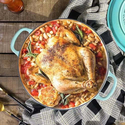 Vista 8 de EDGING CASTING Horno holandés de hierro fundido esmaltado con cazuela poco profunda con doble asa, 3.8 cuartos de galón, azul pavo real