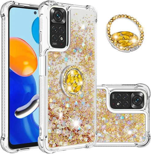 Vista 9 de CCSmall Para Xiaomi Redmi Note 11 4G Clear Glitter Case, Liquid Sparkle Quicksand Flowing Soft TPU Phone Cover con anillo de rotación de diamante