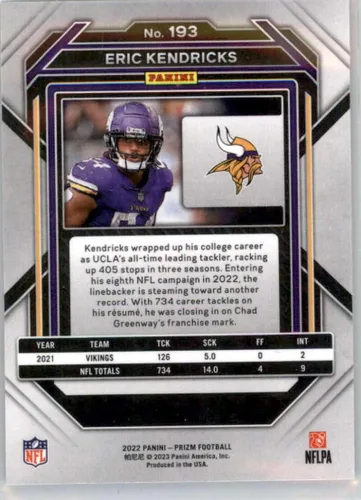 Vista 2 de 2022 Panini Prizm Football #193 Eric Kendricks Minnesota Vikings Official NFL Trading Card