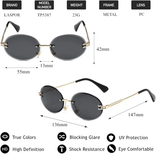 Vista 5 de LASPOR Lentes de sol ovalados retro para mujeres y hombres, a la moda, vintage, de metal dorado, sin marco, lentes tintados, protección UV400