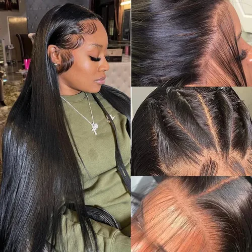 Vista 20 de Pelucas de encaje frontal rectas de cabello humano bunGiol pre arrancadas con cabello de bebé HD Pelucas de encaje frontal 13x4 sin pegamento