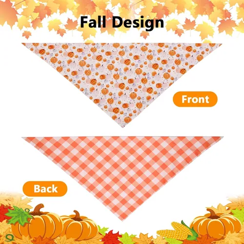 Vista 3 de Bandanas de otoño para perro, 2 unidades, pequeñas, bufanda de calabaza y hojas de Halloween, bufanda reversible de búfalo a cuadros, triangular