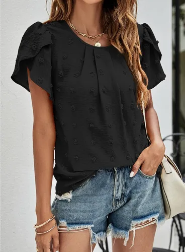 Vista 4 de Beaully Blusas de verano para mujer, estilo bohemio, de manga corta, cuello redondo, encaje de ganchillo, blusas de gasa