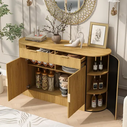 Vista 11 de Knocbel Modern Strip Sideboard with Oval Top, 2 Doors & 2 Drawers and Aluminum Handles, Storage Cabinet with Curved Side Door and 3-Tier Shelves