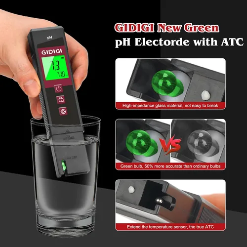 Vista 2 de Medidor de pH Digital de Alta Precisión Certificado UL con Kits de Prueba de pH, Pantalla LCD Retroiluminada de Color con Tira de Prueba de pH