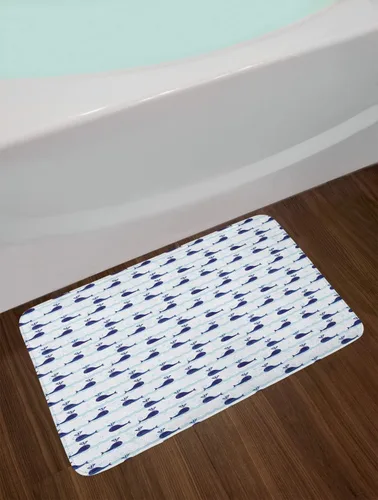 Vista 2 de Ambesonne Tapete de baño de ballena, olas horizontales del océano con peces azules, animales del mar, tapete de felpa para decoración de baño