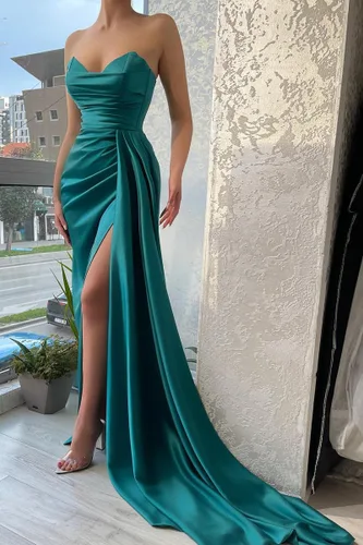 Vista 3 de GUKARLEED Vestido largo de satén con hombros descubiertos para mujer, vestido de dama de honor, vestido formal, vestido de fiesta de noche