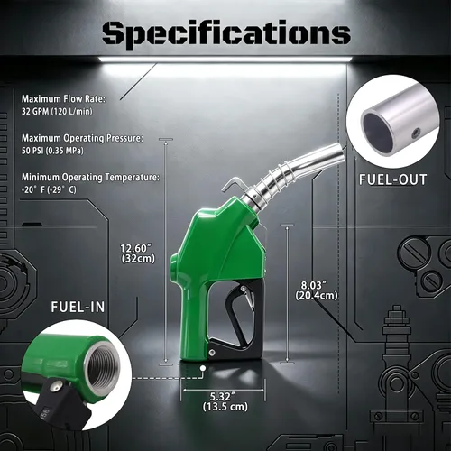 Vista 2 de Boquilla de combustible de 1 pulgada NPT con apagado automático verde para bomba de gasolina, boquilla resistente con manguera de combustible