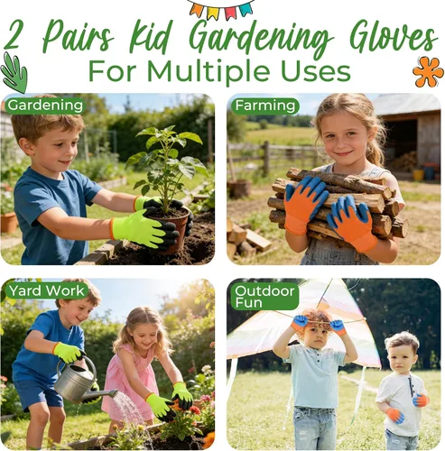 Vista 4 de HANDLANDY 3 pares de guantes de jardinería para niños sin látex, guantes de jardín para niños y niñas con revestimiento de nitrilo para niñas y Verde
