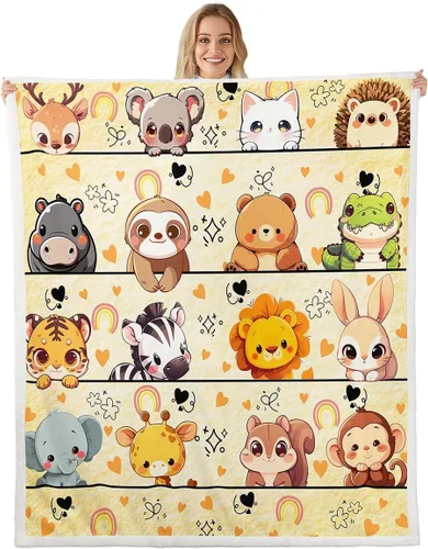 Vista 29 de Manta de franela de animales de dibujos animados para todas las estaciones, manta de cama azul con estampado de amor Kawaii para decoración