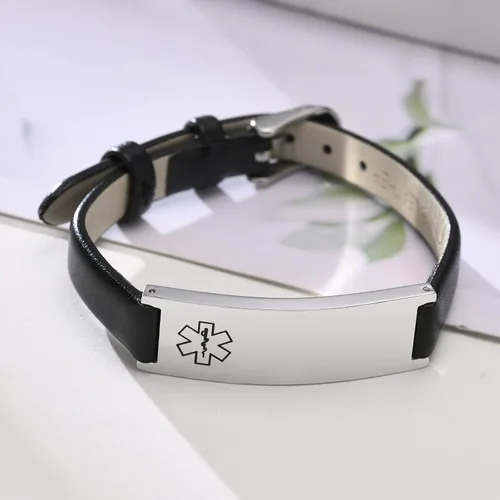 Vista 29 de MPRAINBOW Pulsera de alerta médica personalizada para mujer, correa de reloj de cuero genuino, grabado de doble cara, diabetes, epilepsia, joyería