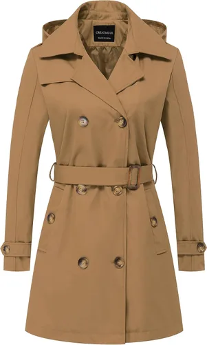 Vista 26 de CREATMO US Gabardina para mujer con doble botonadura clásica con solapa, con cinturón y capucha desmontable Albaricoque