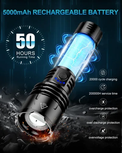 Vista 8 de Linterna de 2000 lúmenes de alta luminosidad con lente de encendido, linterna LED recargable superbrillante con zoom, 5 modos, impermeable, linterna