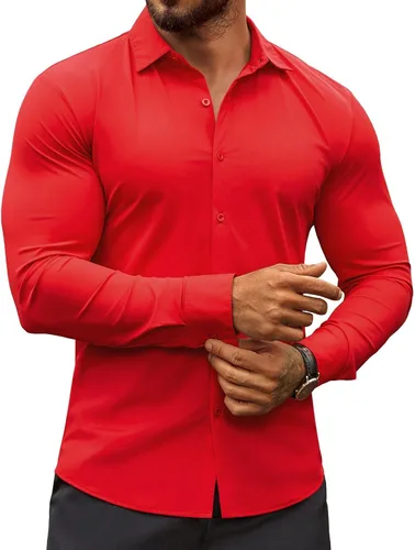 Vista 10 de COOFANDY Camisas de vestir ajustadas para hombre, sin arrugas, manga larga, casuales, con botones