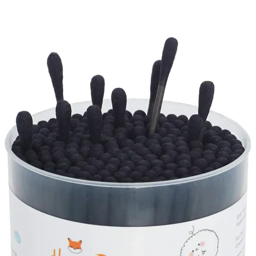 Vista 4 de Hisopos de algodón negro en espiral, 200 unidades de algodón orgánico, gótico, para baño, firmemente envueltos, puntas de algodón de carbón, palillo