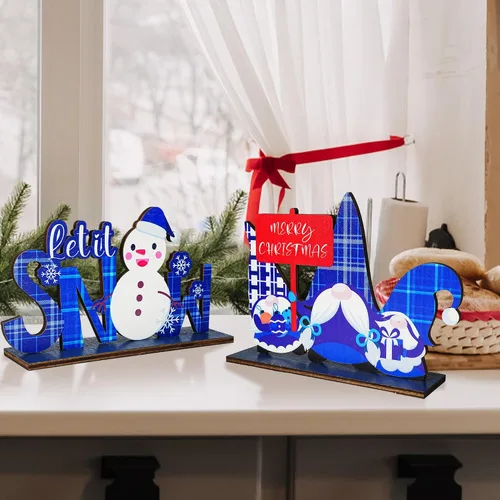 Vista 4 de NEROSUN 5 piezas de decoraciones de centro de mesa navideñas, letreros de decoración de mesa de madera de muñeco de nieve navideño, Papá Noel