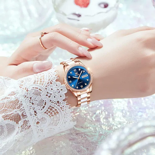 Vista 5 de OLEVS Relojes automáticos para mujer, mecánico, esfera de corazón, esfera de corazón, oro rosa, banda de cerámica, impermeable, luminoso, fecha