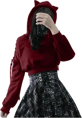 Vista 3 de Sudadera con capucha de gato con orejas, sudadera de manga larga con capucha, sudadera gótica de otoño con cordones, sudadera negra Y2K para mujer
