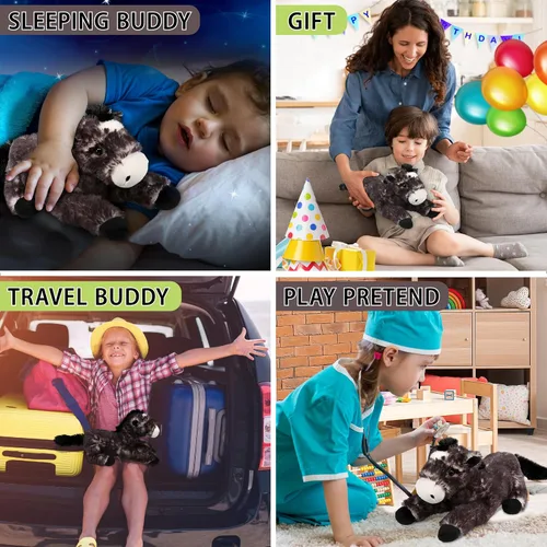 Vista 4 de DolliBu - Caballo de peluche negro suave y abrazable, adorable juguete de juego para niños y niñas, lindo regalo de animales de granja para niños