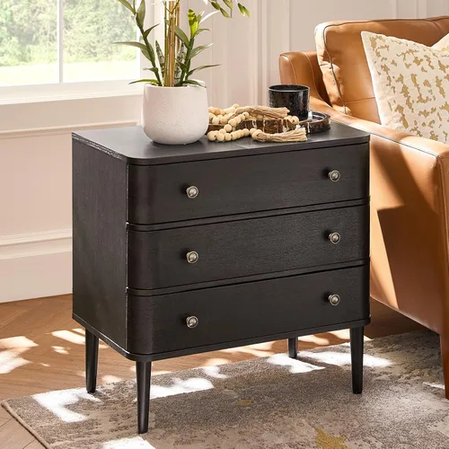Vista 7 de HULALA HOME Mesa auxiliar moderna con estación de carga, mesa auxiliar de madera de 3 cajones con patas de madera maciza y patas ajustables, mesa