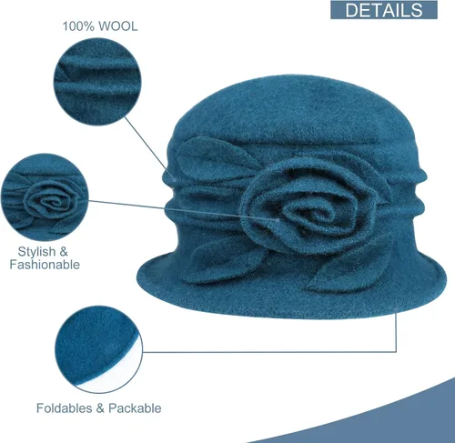 Vista 3 de Sumolux Sombrero de boina para mujer, estilo francés, vintage, floral, vestido de lana, cloche clásico, sombrero de invierno de los años 20