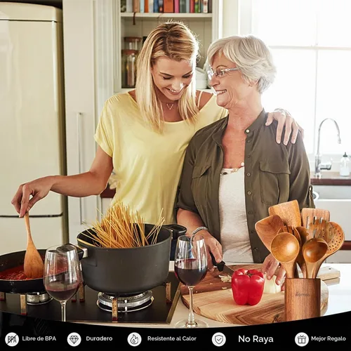Vista 5 de Cucharas de madera para cocinar, juego de utensilios de cocina de madera, juego de 10 piezas de utensilios de cocina de madera con cucharas