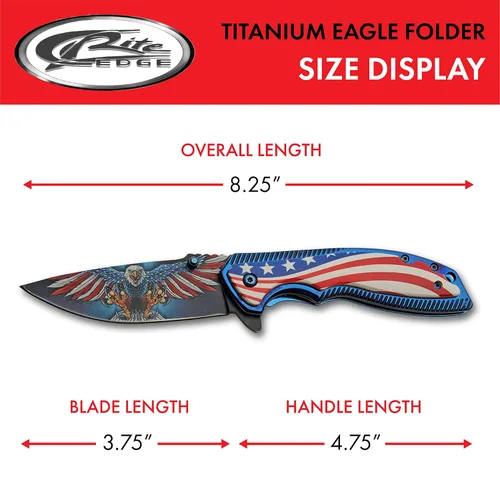 Vista 3 de SZCO 300583 - Cuchillo plegable EDC con mango de titanio American Eagle de 8.25 pulgadas con clip de bolsillo, rojo, blanco y azul