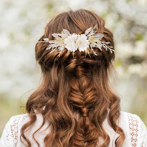 Vista 4 de Peineta de flores para novia - Peineta de flores blancas hecha a mano para accesorios florales para el cabello de boda para novia, dama de honor