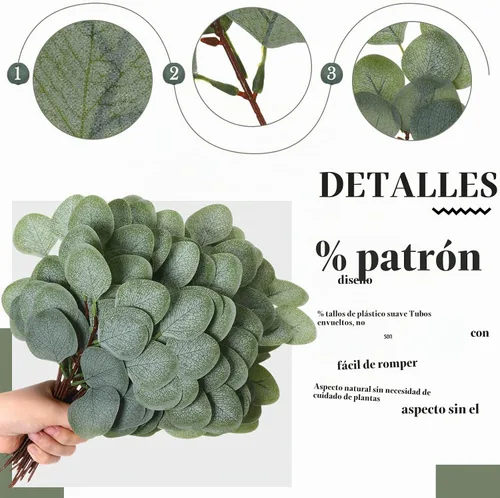 Vista 3 de Taiyin - Juego de 60 hojas de eucalipto artificiales, tallo de eucalipto verde Faux Greenery Silver Dollar Leaves for for Floral Arrangements