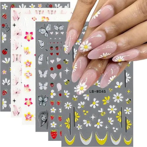 Vista 34 de 5 hojas de calcomanías de arte de uñas de mariposa, 3D coloridas mariposas, suministros de arte de uñas, mariposas, flores, calcomanías Con