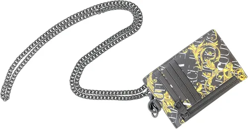 Vista 5 de Versace Jeans Couture Tarjetero de cuero barroco de cuero negro con patrón de cepillo para hombre, Negro Oro