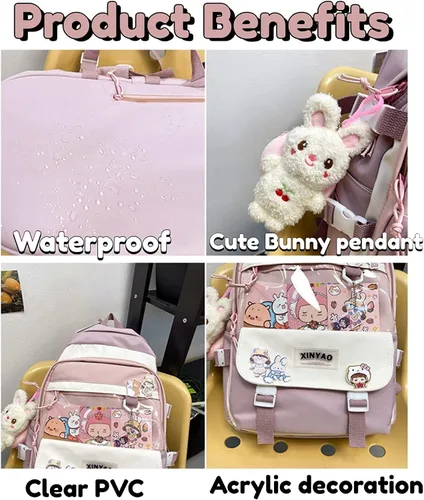 Vista 4 de MBVBN Mochila Kawaii con bonito colgante de felpa con tarjeta Kawaii mochila escolar linda mochila estética para niñas adolescentes suministros
