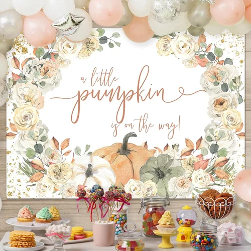Vista 2 de Avezano Telón de fondo de calabaza para baby shower con texto en inglés "A Little Pumpkin is On The Way", decoración de fiesta de baby shower