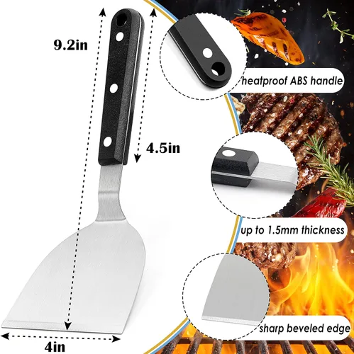 Vista 2 de HaSteeL - Juego de 2 espátulas de metal para plancha de acero inoxidable con asas de plástico ABS, herramientas profesionales para plancha