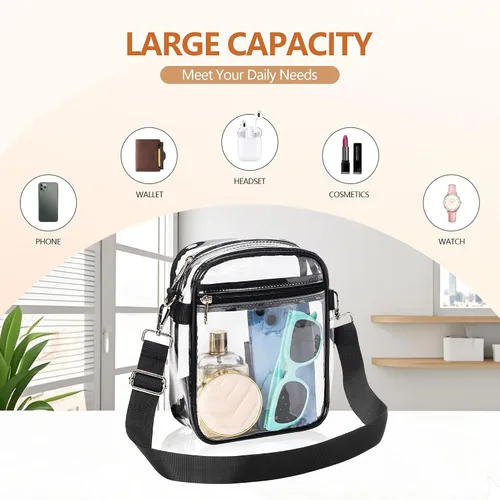 Vista 5 de Bolsa transparente para eventos de estadio, bolso transparente con correa extraíble, bolsa de mensajero para conciertos, trabajo, deportes y fiestas
