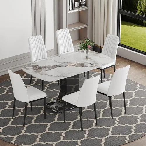 Vista 17 de Moderno juego de mesa de comedor para 4, mesa de vidrio de 63 pulgadas y base de MDF, mesa de comedor de mármol sintético negro con 4 sillas Mesa