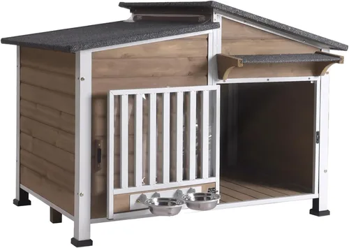 Vista 6 de Casa para Perros Exterior Perrera para Perros con Marco de Metal a Prueba de Masticación, Cuenco Giratorio para Alimentos, Cortina de Puerta de PVC