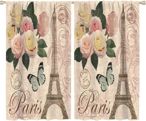 Vista 26 de Cortinas de la Torre Eiffel de París, pintura al óleo, flores moradas, torres de ciudad, con bolsillo para barra, cortinas de ventana