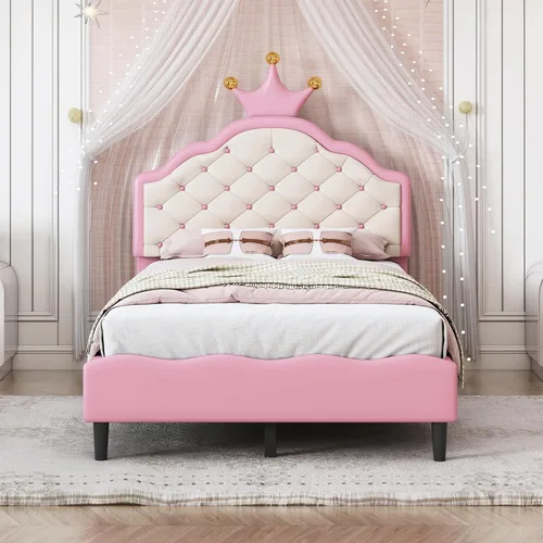 Vista 11 de Cama tapizada con diseño de arcoíris, cama de plataforma de princesa de terciopelo con cajón de almacenamiento, para niños, adolescentes, niños