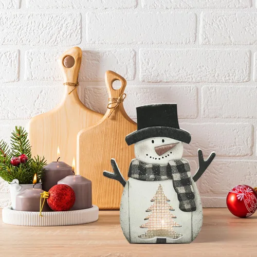 Vista 6 de Señal de mesa de madera de decoración navideña de Smile con farol a prueba de viento, centro de mesa de vela con farol mini para decoración de mesa