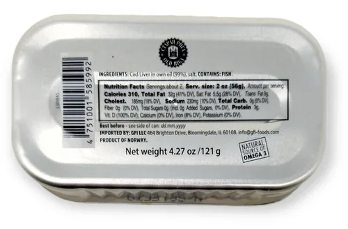 Vista 4 de Hígado de bacalao viejo Riga enlatado en aceite propio, 4.27 onzas, fuente natural de omega-3, rico en vitaminas A y D, de bacalao fresco