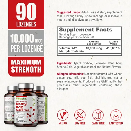 Vista 5 de biophix Metil B-12 10000 mcg 90 pastillas veganas sabor cereza extra fuerte - Apoya el sistema nervioso salud inmune metabolismo flujo sanguíneo