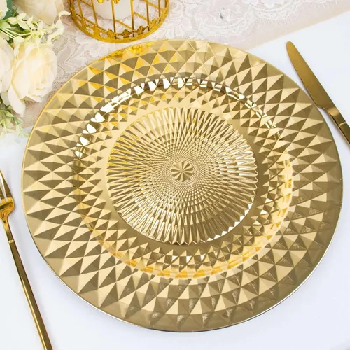 Vista 29 de Efavormart - Paquete de 6 platos de carga de plástico acrílico con relieve de encaje rústico dorado de 13 pulgadas