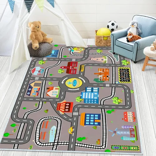 Vista 10 de Alfombra de coche para niños, 2 pies 7 pulgadas x 4 pies, alfombra de juego para trenes de autos de juguete, alfombra antideslizante para pista