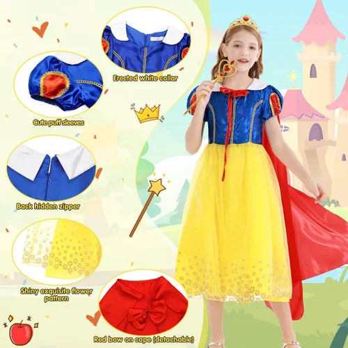 Vista 4 de COTRIO Vestido de princesa para niñas, disfraz de Halloween para niñas, ropa de disfraz para niñas pequeñas, conjunto con accesorios